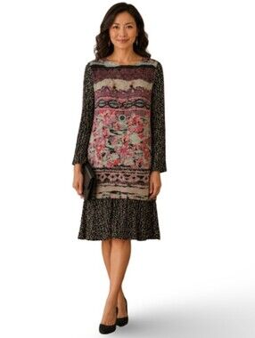 Vintage 90s Carole Little Petite Boho Floral Border Dress Attached Necklace 10P‎